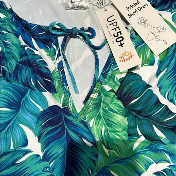 Green and Blue Tropical Print Sleeveless Dress - Picture 2 of 4